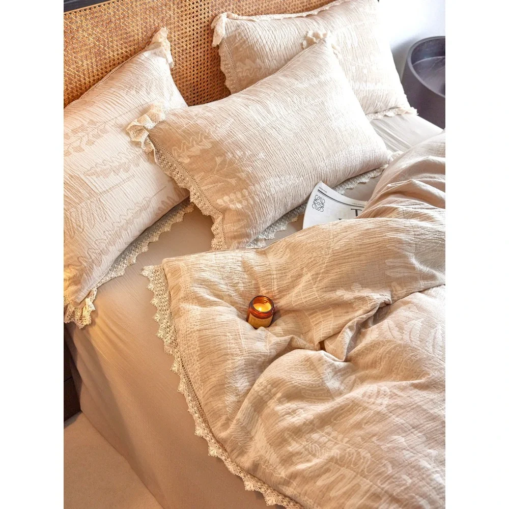 Linnet‎ Jacquard Lace Linen Duvet Cover Set Queen BeigeJacquard Banana Leaves